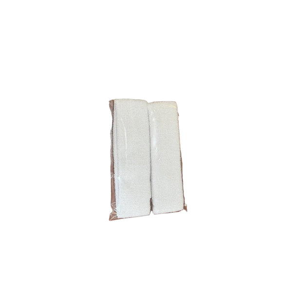 Two white rectangular fabric headbands sealed in a small clear plastic bag.